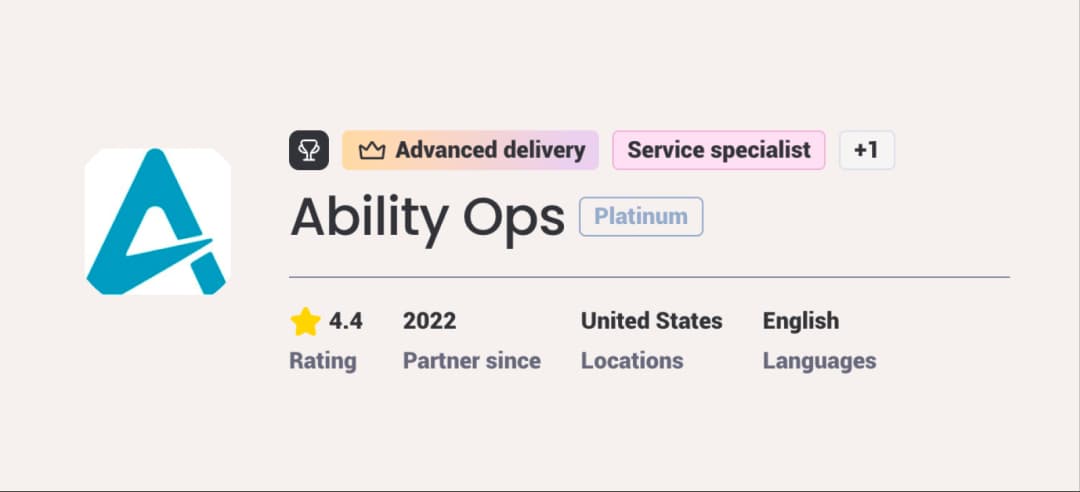 Ability Ops' monday.com Go-To Partners directory profile showing Platinum tier and 4.4 rating