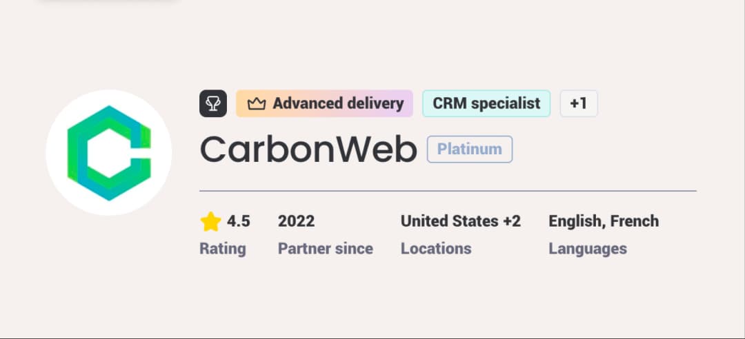 CarbonWeb's monday.com Go-To Partners directory profile showing Platinum tier and 4.5 rating