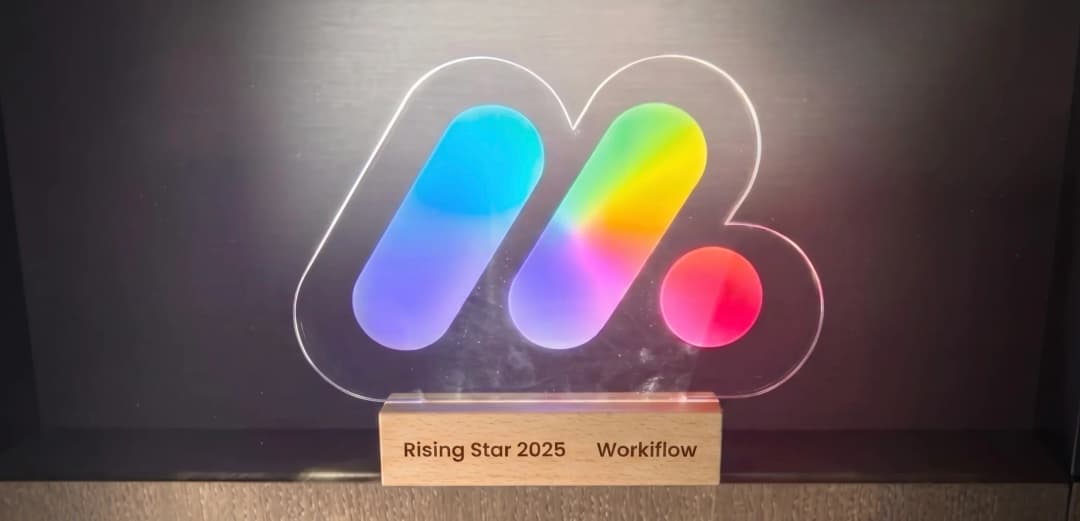 The monday.com Rising Star Award trophy, engraved “Rising Star 2025 — Workiflow”.