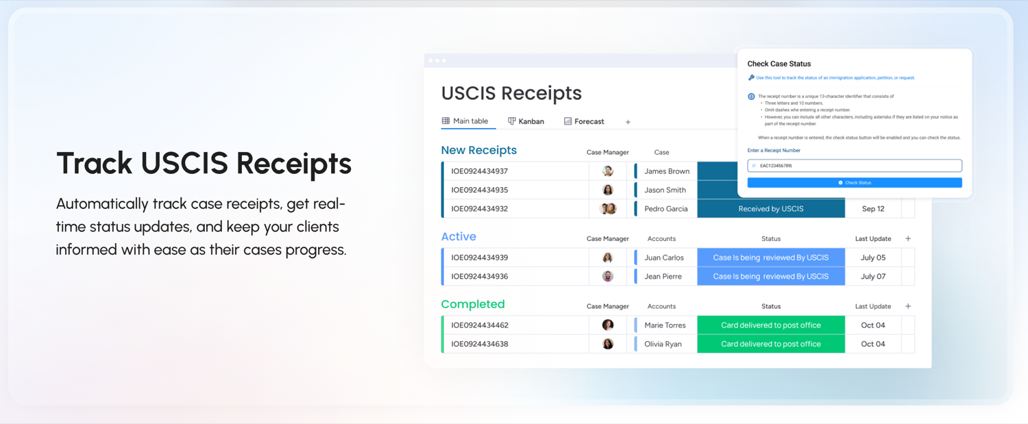 Caseflow USCIS Receipts tracking board