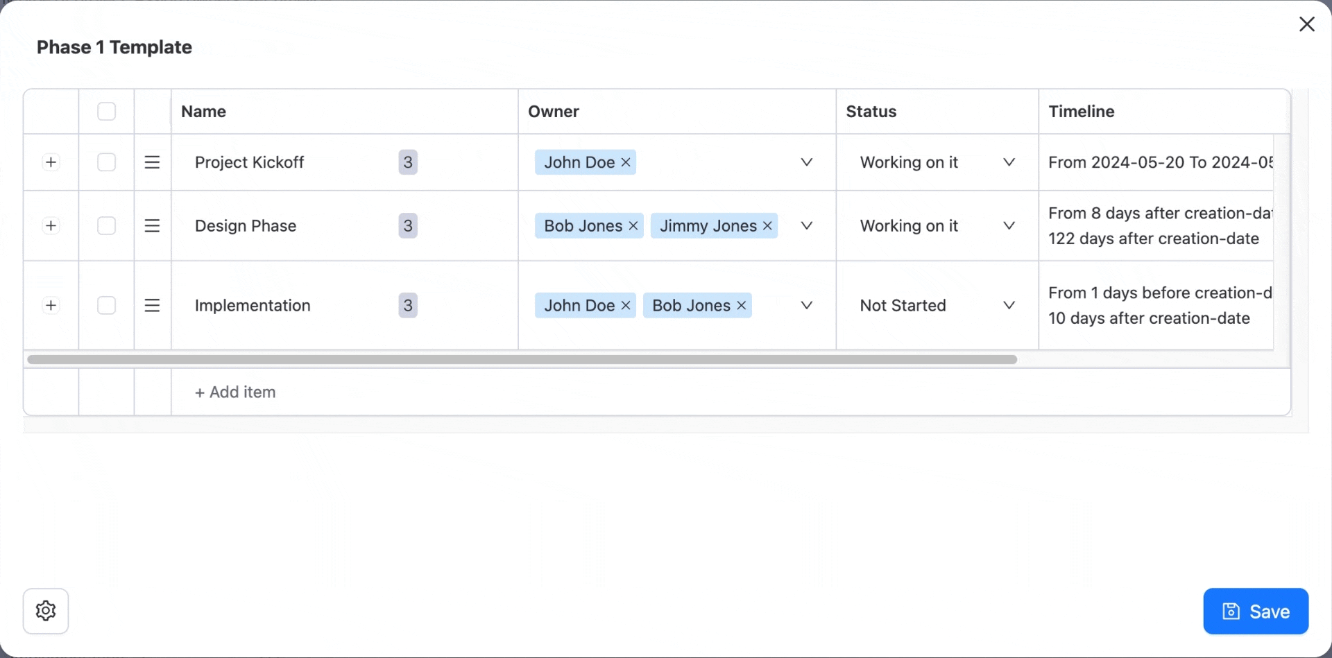 Animated walkthrough of basic template edits in Templify: adding, deleting, and reordering items and editing column values